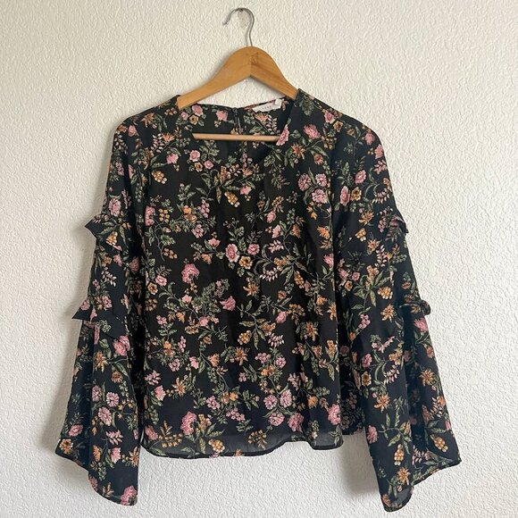 Lush Medium Black Floral Tiered Bell Sleeve Blouse Fairy Cottagecore - Picture 1 of 8